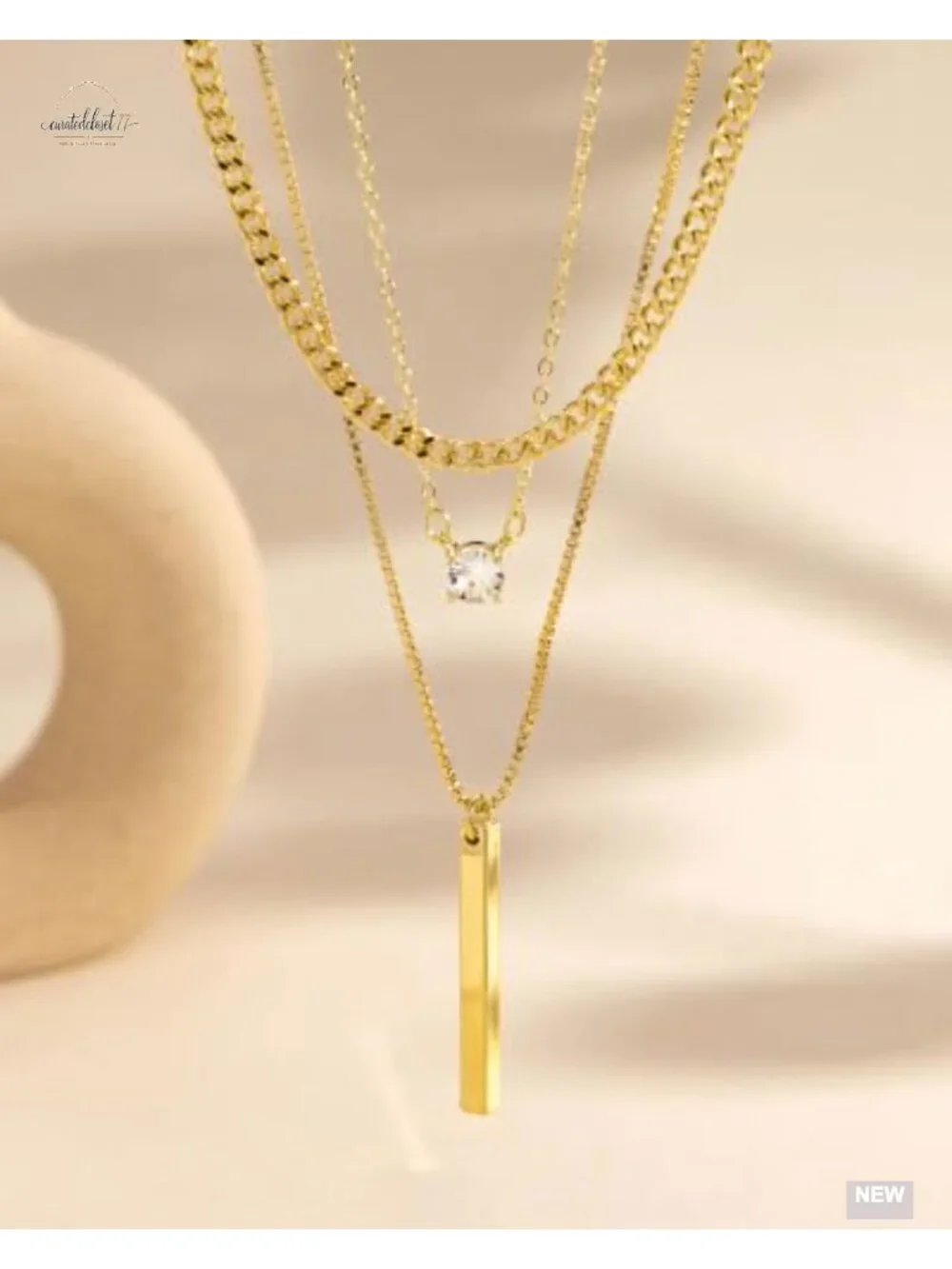 14K Gold Plated Layered Necklace Set - 3 Chain Stackable Pendant Necklace